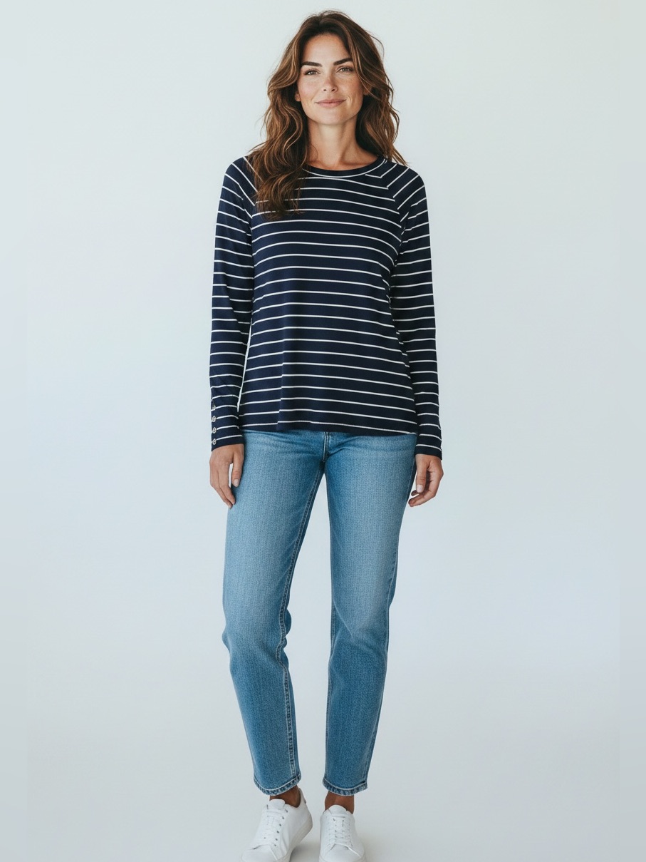J.Mclaughlin Super Soft Jersey Navy And White Striped Long Sleeve Tee Size Large